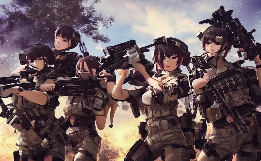 Prompt: photo of squad under heavy fire, highly detailed, explosions in background, high resolution, cosplay photo, stunning, girls frontline style, bokeh soft, shot on 7 0 mm, zenithal lightning, trending on instagram, by award winning photographer, real human faces, symmetrical facial features, modern warfare, shot with a professional camera, low saturation