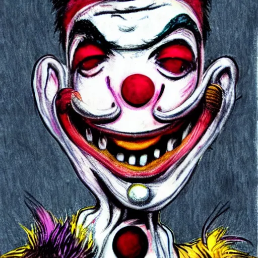 Prompt: grunge drawing of a clown by dr seuss, horror themed