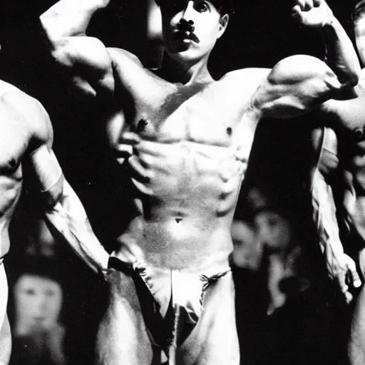 Image similar to A photo of a Charlie Chaplin posing at a bodybuilding contest, high quality