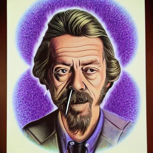 Prompt: Alan watts Smoking a pipe, drawn by alex grey