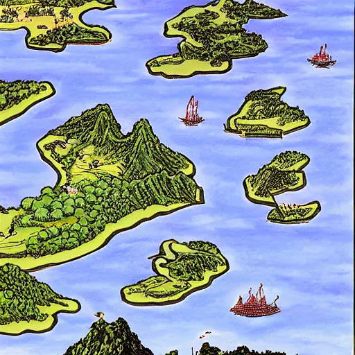 Image similar to a beautiful painting of a lake with many islands connected by bridges by hirohiko araki, detailed line art, jojos bizarre adventure