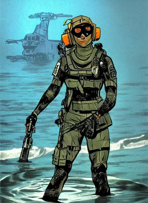 Image similar to Dinah. USN blackops operator emerging from water at the shoreline. Operator wearing Futuristic wetsuit and looking at an abandoned shipyard. Frogtrooper. rb6s, MGS, and splinter cell Concept art by James Gurney, Alphonso Mucha. Vivid color scheme.