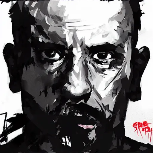 Image similar to Decapitated Joe Rogan, Greg Rutkowski and Yoji Shinkawa styled