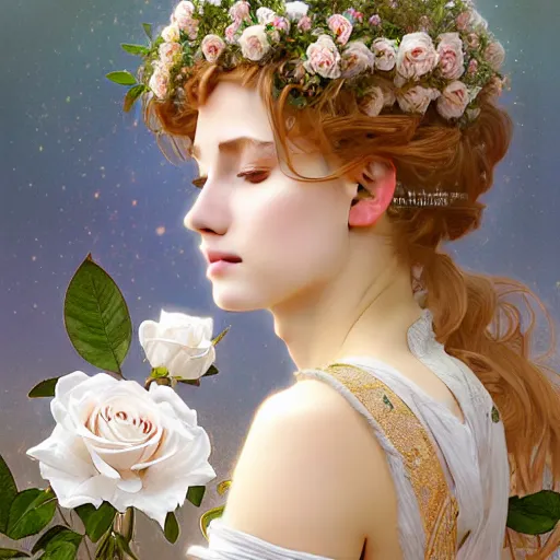 Image similar to perfectly detailed goddess princess of white roses!! blessed by nature with ever - increasing physical mental perfection, symmetrical! intricate, highly detailed, biblical divine holy perfection!! digital painting, artstation, concept art, smooth, sharp focus, illustration, art by artgerm and greg rutkowski and alphonse mucha