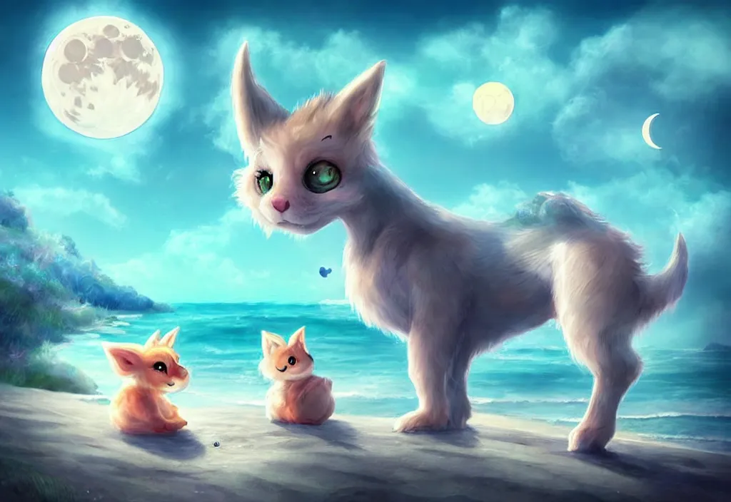 Image similar to cute magical fantasy animals at a beach looking at the moon, ultra realistic, concept art, highly detailed