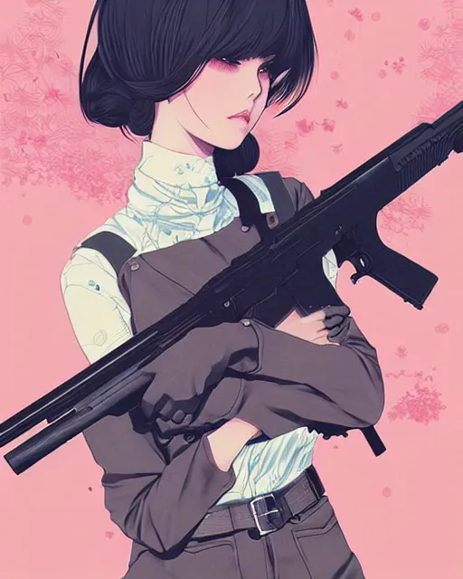 Image similar to girl holding rifle, manga!! detailed manga illustration!! intricate details, aesthetically pleasing pastel colors, poster background, aesthetic details, art by conrad roset and ilya kuvshinov