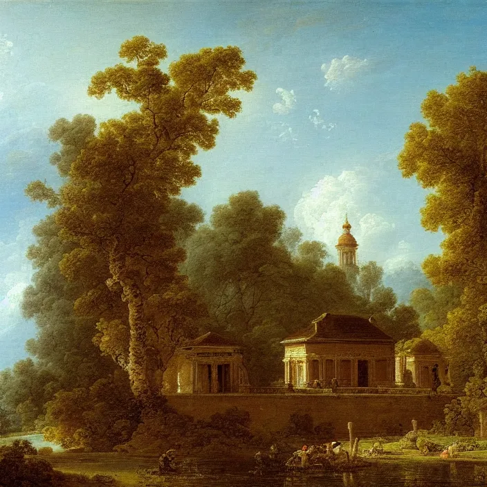 Prompt: a building in a serene landscape, by jean - honore fragonard