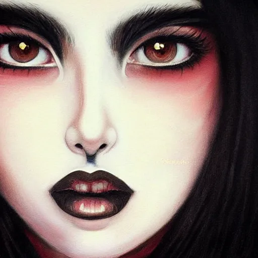 Image similar to a painting of an emo mexican woman with long dark hair thick eyebrows dark eyes and dark circles wide nose big eyes oval face shape big cheeks holding her cat, photorealistic painting by tran nguyen and ilya kuvshinov, featured on deviantart, gothic art, goth, gothic, detailed painting