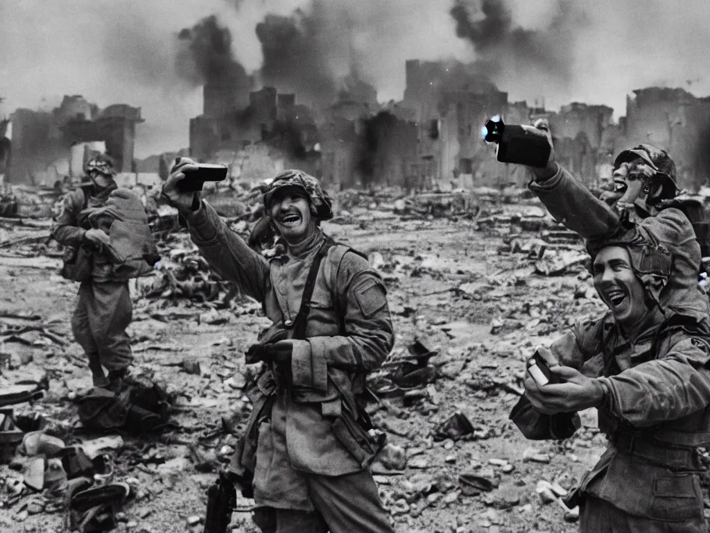 Image similar to a hysterical smiling soldier taking selfies, posing in front of bombed city, explosions in the background, close ups, war scenery, surrealism aesthetic, technicolor tv, noise