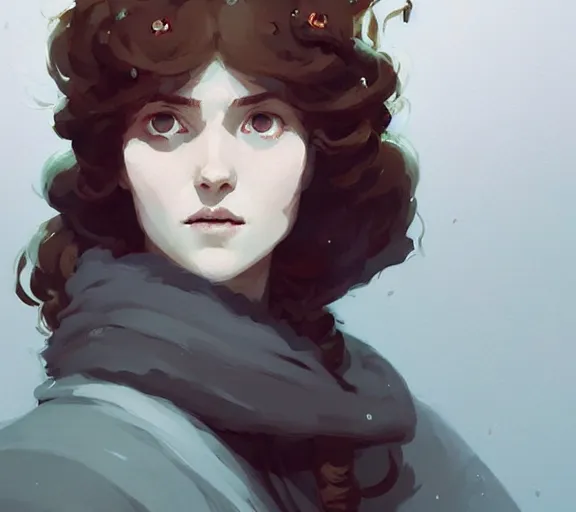 Prompt: portrait woman with long ginger curly hair, cloak with runes, by atey ghailan, by greg rutkowski, by greg tocchini, by james gilleard, by joe fenton, by kaethe butcher, by ashley wood, dynamic lighting, gradient light blue, brown, blonde cream and white color scheme, grunge aesthetic