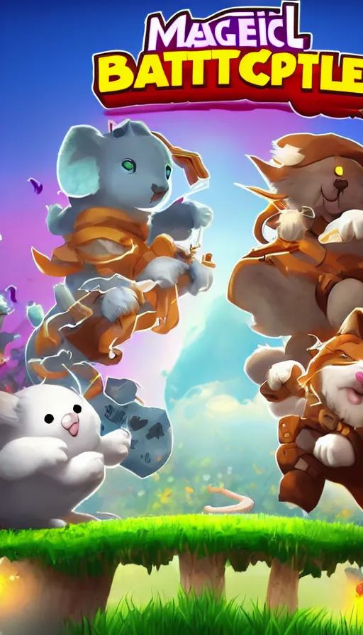 Image similar to a splash screen for a game by supercell showing a magic battle between a cute cat and a koala