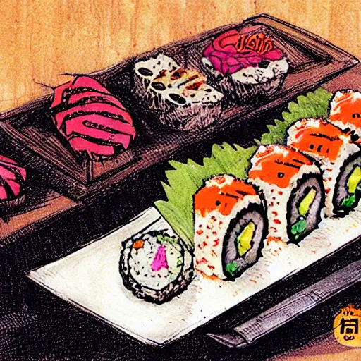 Prompt: root cactus sushi in the style of yoshitaka amano drawn by alex maleev