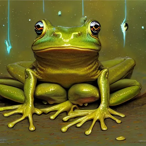 Image similar to long shot of a froggy alien, by esao andrews, by m. w. kaluta, by james web telescope, by ridley scott, ultra humorous beautiful oil painting, cinematic space scenery, small depth of field, depth perception, volumetric light, rich colors, 3 d octane render, 8 k, conceptart, hyperdetailed, hyperrealistic, trending on artstation