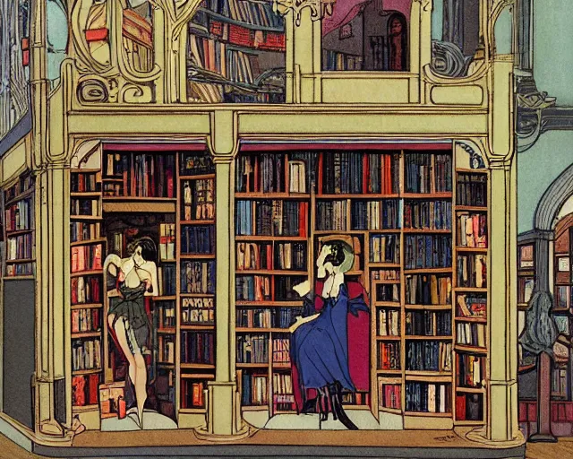 Prompt: bookstore filled with witches detailed painting art nouveau in the style of george barbier