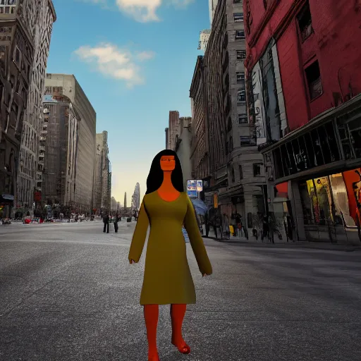 Prompt: 3 d render of mona lisa the person, walking down the street of new york city