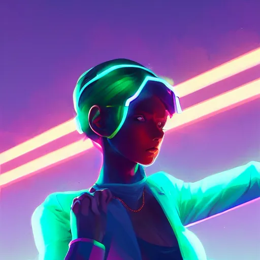 Image similar to a female protagonist wearing neon clothing minimalist, cyberpunk, behance hd by jesper ejsing, by rhads, makoto shinkai and lois van baarle, ilya kuvshinov, rossdraws global illumination ray tracing hdr radiating a glowing aura, fine texture, editorial illustration, dramatic lighting, dynamic composition, detailed, matte print, dynamic perspective, muted color