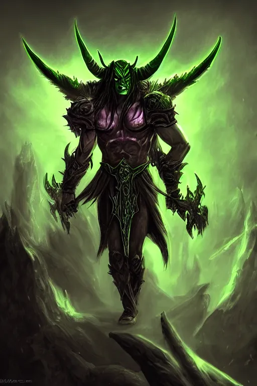 Image similar to illidan the demon hunter with band that cover his eyes with demon wings from world of warcraft with background digital painting trending on artstation