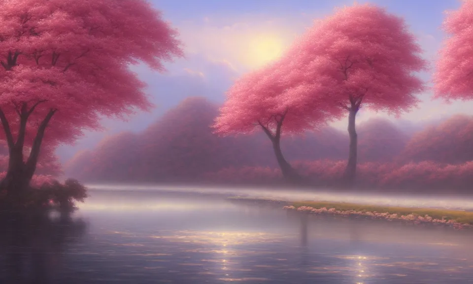 Image similar to a beautiful landscape matte painting of cherry trees with petals flying in the sky, beside a river, by christophe vacher, trending on artstation