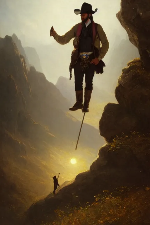Prompt: a full - body portrait of a handsome hiker by greg rutkowski and albert bierstadt | the man is south asian and wearing a cowboy hat and plaid kilt. he is holding a walking stick | background is mountain peaks and clouds | golden hour, homoerotic, highly detailed | trending on artstation