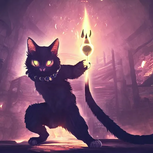 Image similar to a cat as a final boss, artstation hq, dark phantasy, stylized, symmetry, modeled lighting, detailed, expressive, created by hidetaka miyazaki, dark souls 3 screenshot