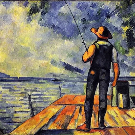 Image similar to ryan reynolds fishing from a pier in vancouver, painted by cezanne