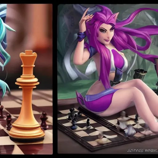 Image similar to Jinx (from league of legends) sitting by a table playing chess, Artgerm, trending