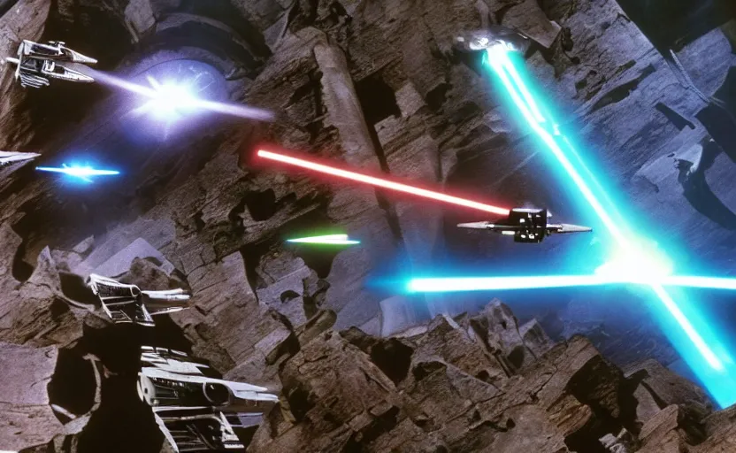 Image similar to iconic cinematic screen shot of scene x wing dogfighting tie fighters over waterfall canyon planet, from the action packed scene from the 1 9 7 0 s star wars sci fi film by stanley kubrick, glowing lasers, kodak film stock, anamorphic lenses 2 4 mm, lens flare, iconic cinematography, award winning