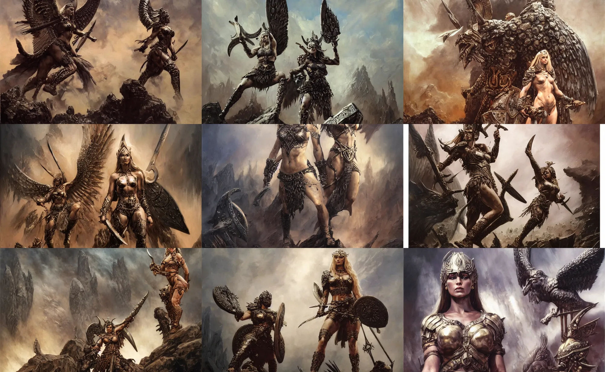 Prompt: An oil painting of the Valkyrie viking goddess of anger, very aesthetic, detailed face, by Frank Frazetta, Greg Rutkowski, Boris Vallejo, Neal Hanson, Christian MacNevin, epic fantasy character art, goddess of war, detailed armor, high fantasy, full length, exquisite detail, post-processing, low angle, masterpiece, cinematic, arena background