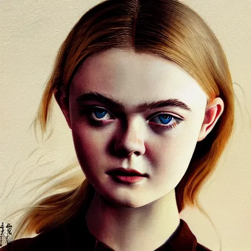 Prompt: professional painting of Elle Fanning in the style of Koson Ohara, head and shoulders portrait, symmetrical facial features, smooth, sharp focus, illustration, intricate, stormy weather, extremely detailed masterpiece,