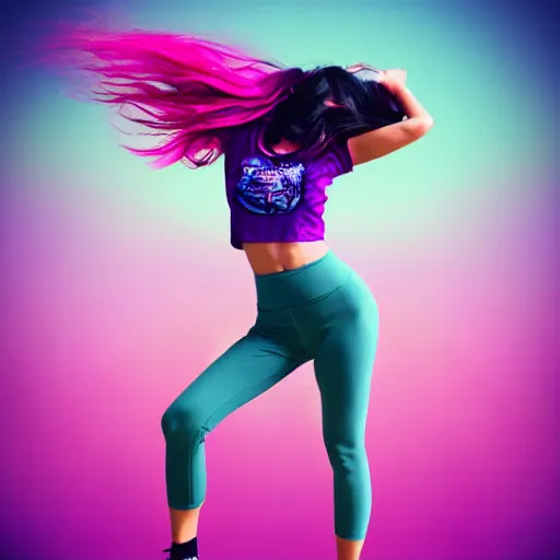 Image similar to a award winning full body shot of a beautiful woman in a croptop and leggings with a ombre purple pink teal hairstyle with head in motion and hair flying, outrun, vaporware, vivid colors, highly detailed, fine detail, intricate