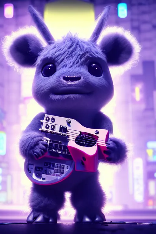 Image similar to high quality 3 d render very cute fluffy! cyborg cow plays guitar, cyberpunk highly detailed, unreal engine cinematic smooth, in the style of blade runner & detective pikachu, hannah yata charlie immer, moody light, low angle, uhd 8 k, sharp focus