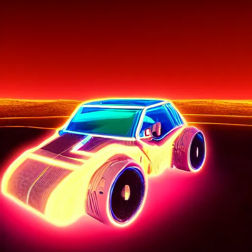 Image similar to cyberpunk neon car glowing against a desert background, nighttime photography, ray tracing, rtx, 4 k