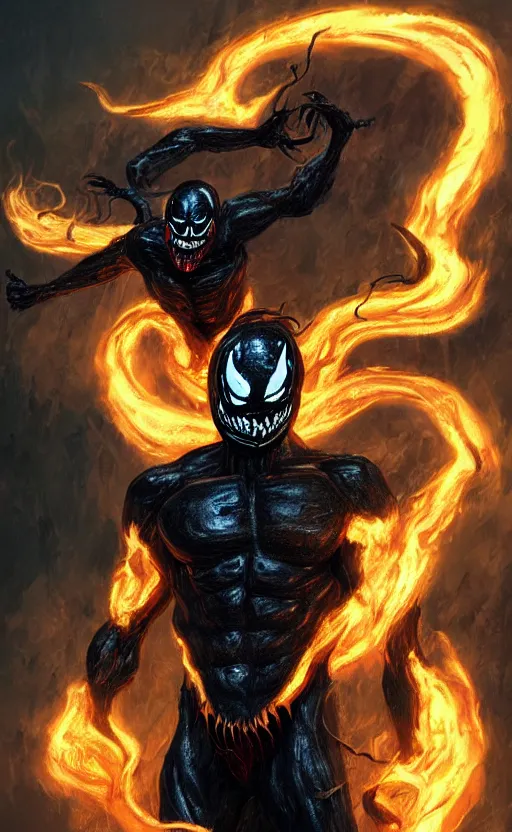 Image similar to venom as ghost rider, dynamic lighting, photorealistic fantasy concept art, trending on art station, stunning visuals, terrifying, creative, cinematic