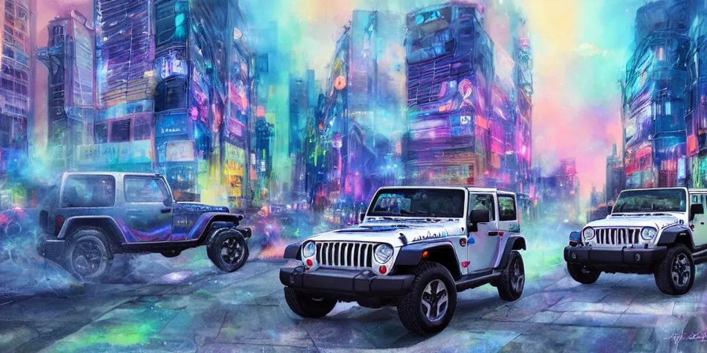 Prompt: Itasha 1997 hardtop Jeep Wrangler, digital painting, beautiful iridescent fog swallows urban Shibuya, planets can be seen in the sky above, beautiful, neon night, cinematic, extraordinary, colorful, photorealistic, dark, atmospheric, ultra realistic, insanely detailed, lights and shadows