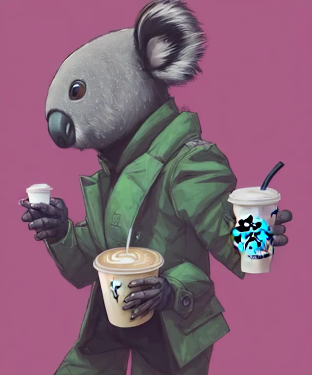 Prompt: a portrait of an anthropomorphic koala holding a starbucks coffee, cyberpunk!, fantasy, elegant, digital painting, artstation, concept art, matte, sharp focus, illustration, art by josan gonzalez