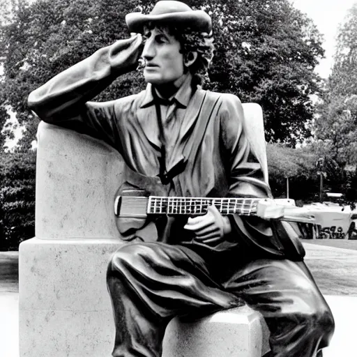 Image similar to bob dylan playing his guitar whilst sitting on a statue of king alfred, photograph