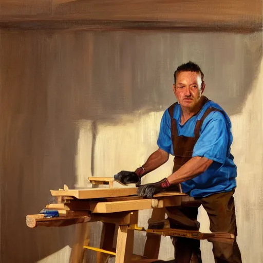 Image similar to greg manchess portrait painting of simple carpenter fine woodworker | building a wooden table in their well organized clean workshop, medium shot, asymmetrical, profile picture, organic painting, sunny day, matte painting, bold shapes, hard edges, street art, trending on artstation, by huang guangjian, gil elvgren, ruan jia, randy vargas, greg rutkowski