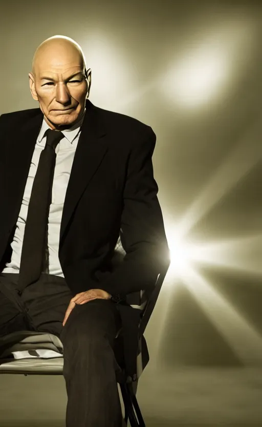 Image similar to Patrick Stewart as Professor X, backlit lighting, atmospheric