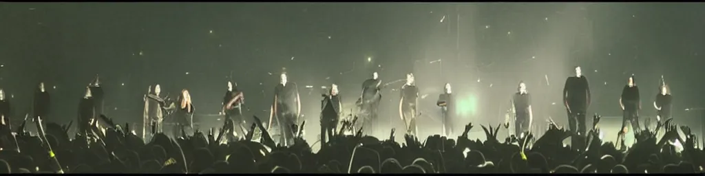 Image similar to dusty Trent Reznor smashing guitars, group of people on stage playing instruments, elaborate stage effects, dust, smoke, giant LED screens, colored projections, ultrafine detail, goth cybersuit, glowing thin wires, smoke, high contrast, projections, a screenshot by David Gilmour Blythe, holography, tesseract, volumetric lighting, anamorphic lens flare