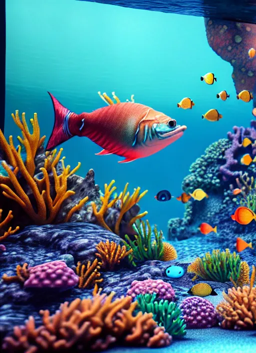 Image similar to hyperrealism, detailed textures, photorealistic 3 d render, an underwater scene with brightly coloured fish & coral, ultra realistic, ultra high pixel detail, cinematic, intricate, cinematic light, octane render, concept art, illustration, art station, unreal engine 8 k