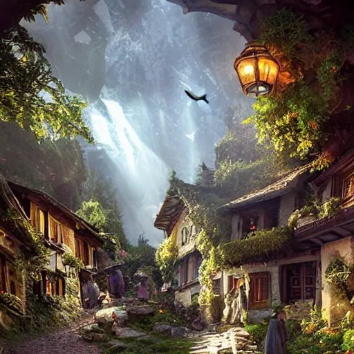 Image similar to my precious! - the hobbit - j. r. r. tolkien - a medieval village in switzerland, ornate, beautiful, atmosphere, vibe, flowers, concept art illustration, greg rutowski, volumetric lighting, sunbeams, particles