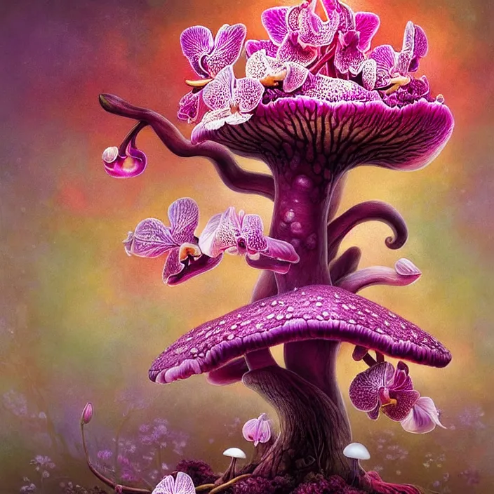 Prompt: extremely psychedelic fetus made of orchid and cherry blossom tree and mushroom, LSD, diffuse lighting, fantasy, intricate, elegant, highly detailed, lifelike, photorealistic, digital painting, artstation, illustration, concept art, smooth, sharp focus, art by John Collier and Albert Aublet and Krenz Cushart and Artem Demura and Alphonse Mucha