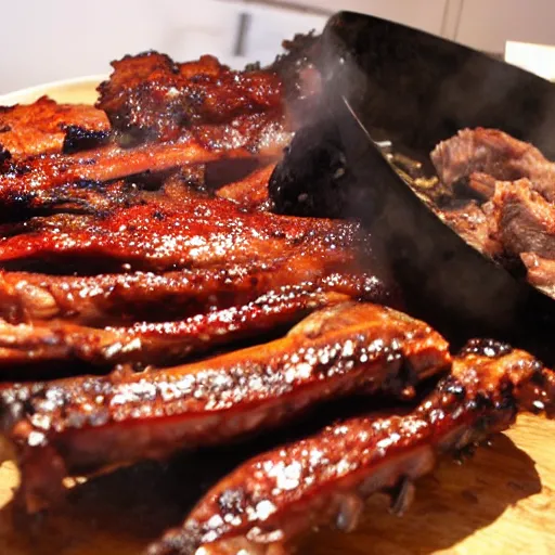 Image similar to spareribs as big as buildings grilled over a volcano