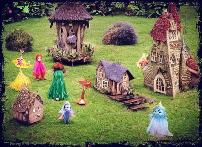 Prompt: “fairy princesses, cute houses of various kinds, witches on broomsticks, ugly trolls with fat heads, ladybirds, a troll driving a bulldozer and crushing a house”