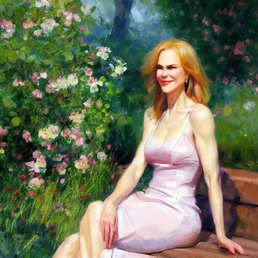 Image similar to closeup portrait of nicole kidman full figure in the garden, morning, highly detailed, ultrarealistic oil painting, vladimir volegov, artstation