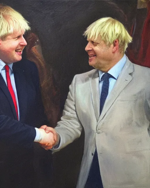 Image similar to an oil painting of uk politician former prime minister boris johnson having a meeting with satan, smiling and shaking hands, 4 k detail