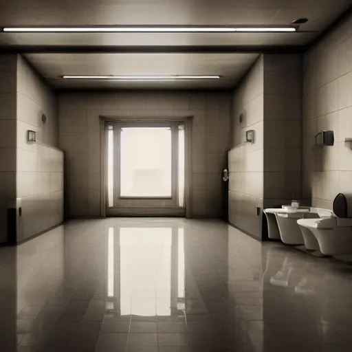 Prompt: Interior of a large public restroom, beautiful dynamic lighting, cinematic, wide angle establishing shot, extremely high detail, photo realistic, cinematic lighting, post processed, concept art, artstation, matte painting, style by eddie mendoza, raphael lacoste, alex ross, volumetric lighting, light rays, photorealistic, ultrarealistic, moody, coronarender, 8k