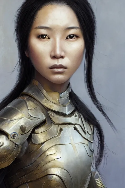 Image similar to Art station concept of Asian woman, fair skin, big eyes, long black hair, no bangs, wearing sculpted textured armor, closes her eye, battle damage, intricate complexity, close-up of the front of the face, resolute expression, back lighting, 4K resolution, symmetric, clear facial features, by Ruan Jia and Mandy Jurgens and William-Adolphe Bouguereau, Karol Bak, smooth, sharp focus, rich deep colors, Unreal Engine 5, digital render, intricate, ultra realistic, concept art,