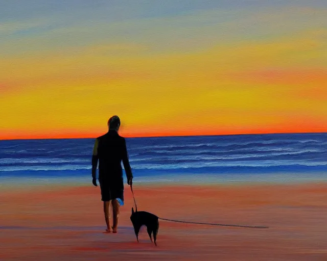 Prompt: man walking his dog at the beach at sunset, acrylic painting, far view