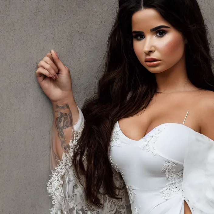 Image similar to portrait of demi rose wearing white kebaya, by charlotte grimm, studio light, detailed face, canon eos c 3 0 0, ƒ 1. 8, 3 5 mm, 8 k, medium - format print, half body shot